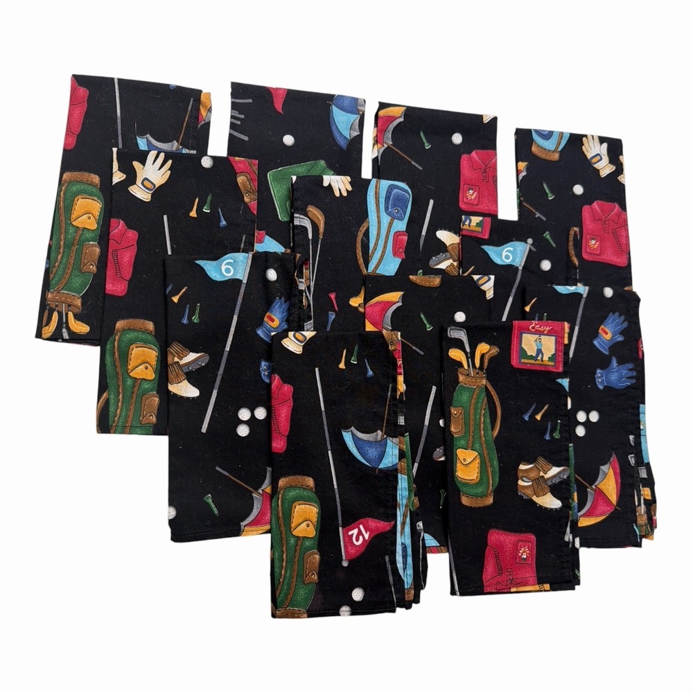 11 Cloth Napkins Sport Golf Equipment Tee Balls Bags Glove Black Cotton 16" Sq